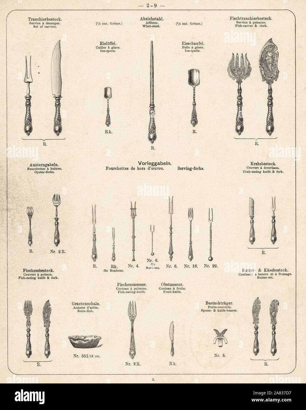 Serving forks and knives. Lithograph from a catalog of metal products