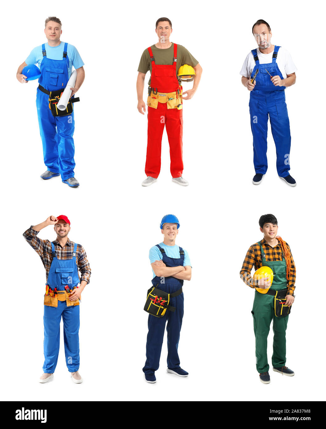 Different male electricians on white background Stock Photo