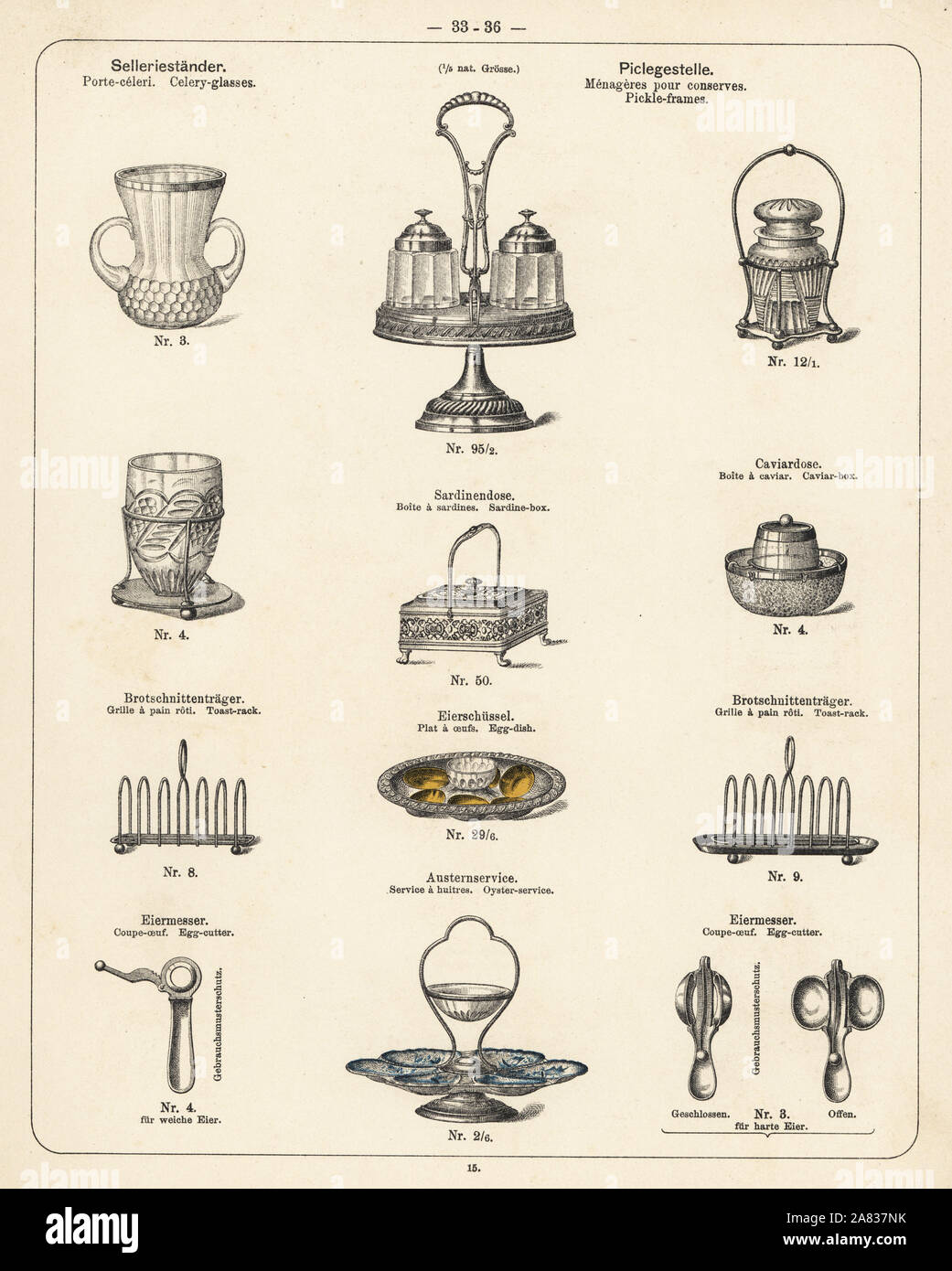 Toast rack, egg dish, sardine box, caviar box, pickle frame, etc. Lithograph from a catalog of metal products manufactured by Wuerttemberg Metalware Factory, Geislingen, Germany, 1896. Stock Photo
