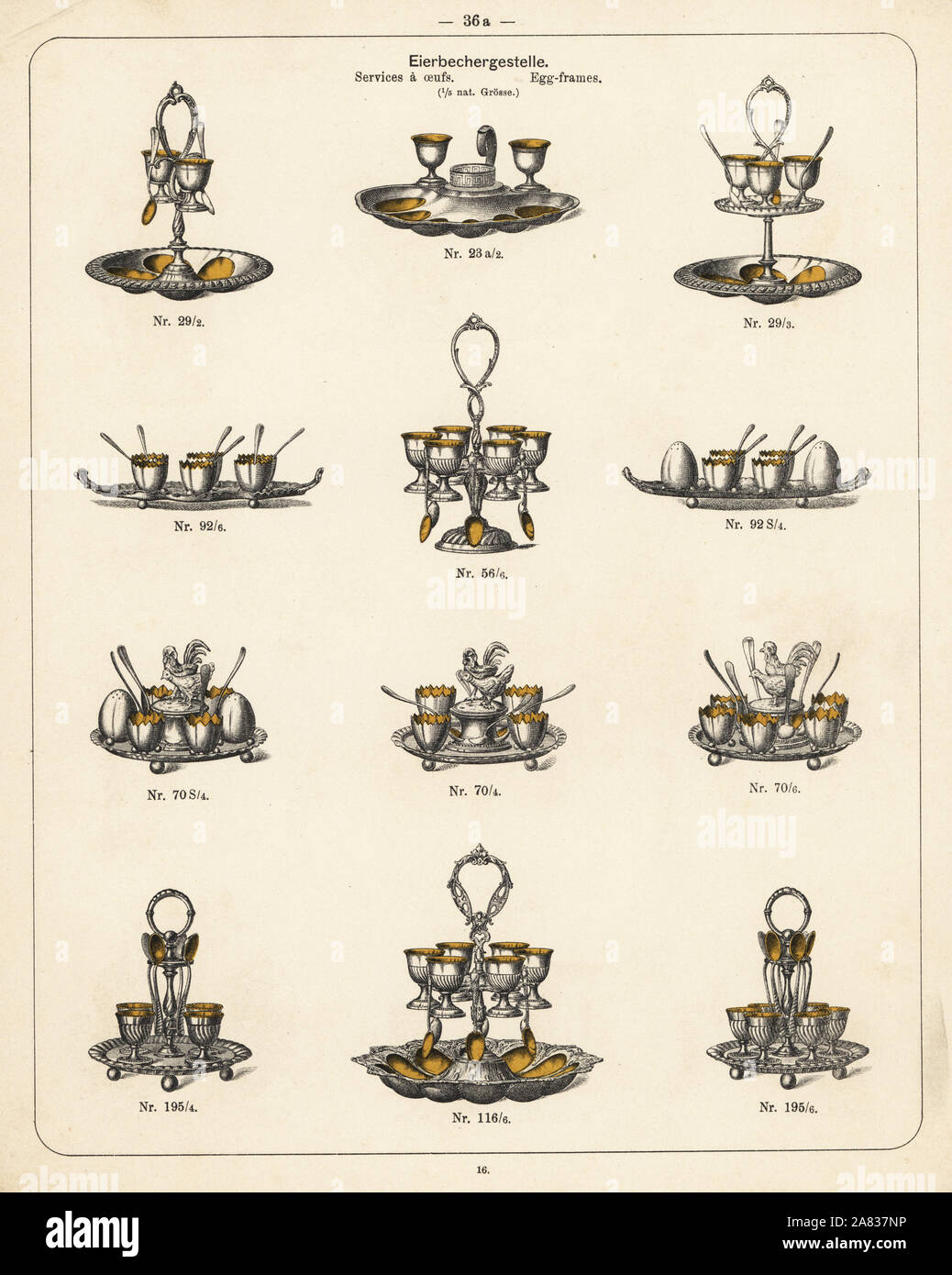 Egg cups and egg frames. Lithograph from a catalog of metal products