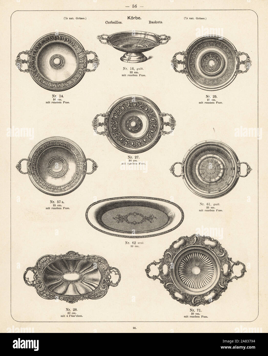 Metal baskets, platters and bowls. Lithograph from a catalog of metal  products manufactured by Wuerttemberg Metalware Factory, Geislingen, Germany,  1896 Stock Photo - Alamy