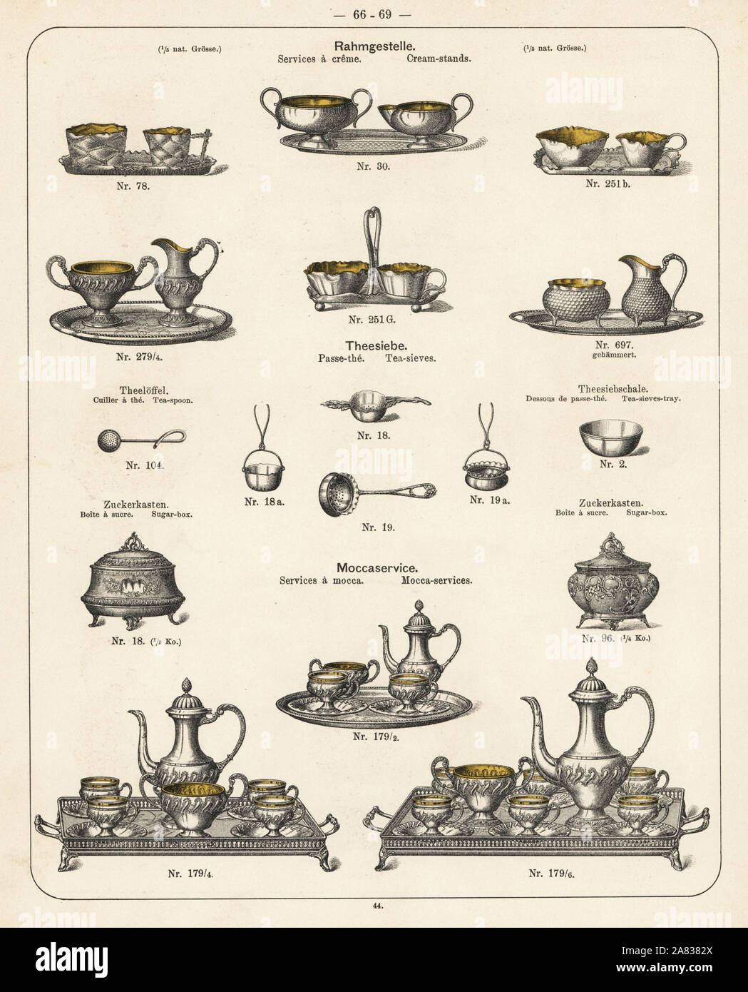 Cream stand, tea strainer, tea tray, mocca service, sugar box, etc. Lithograph from a catalog of metal products manufactured by Wuerttemberg Metalware Factory, Geislingen, Germany, 1896. Stock Photo