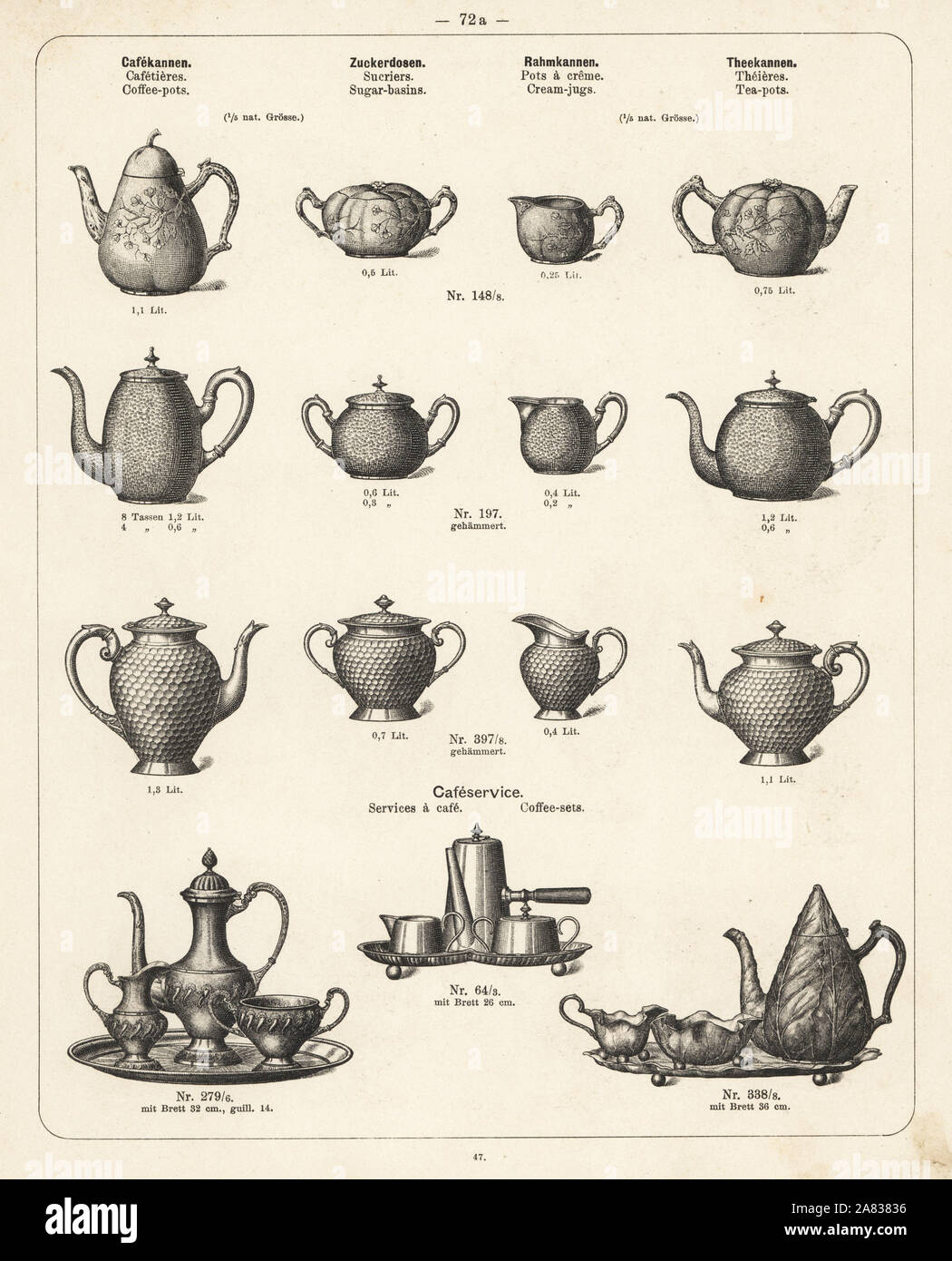 Coffee pot, cream jug, tea pot, sugar basin, etc. Lithograph from a
