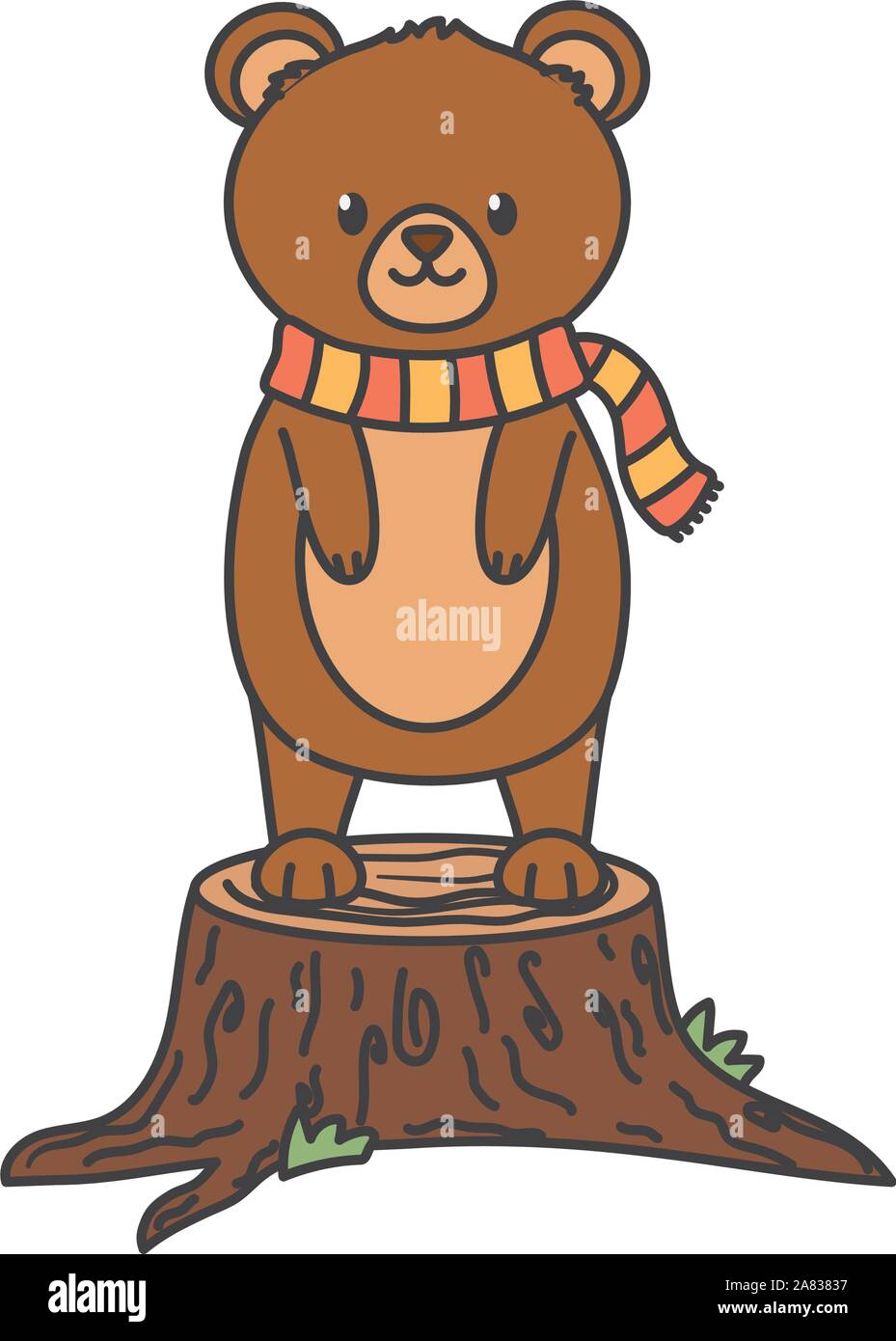 cute bear with scarf on trunk autumn on white background vector ...