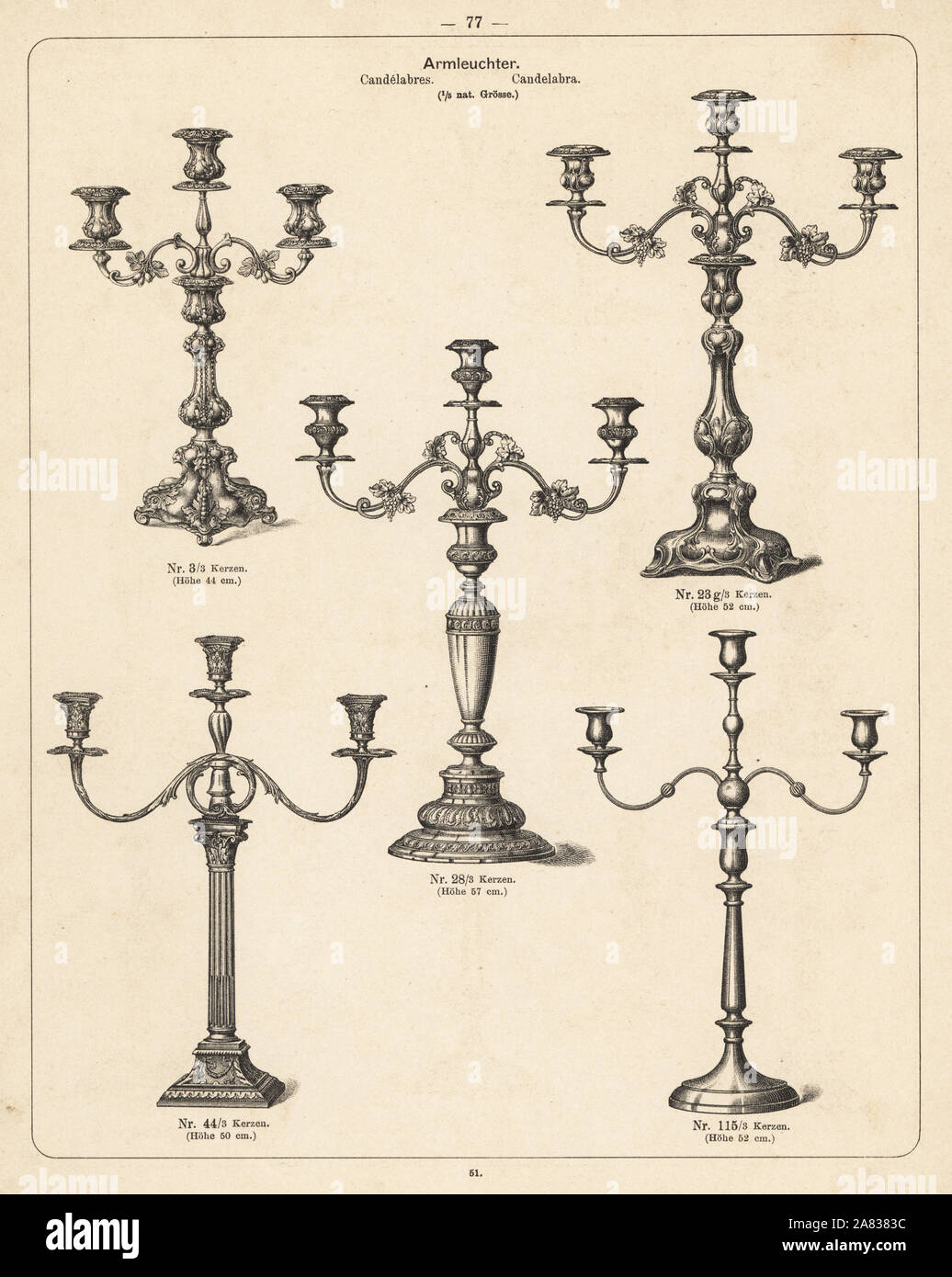 Candlelabra and candlesticks. Lithograph from a catalog of metal