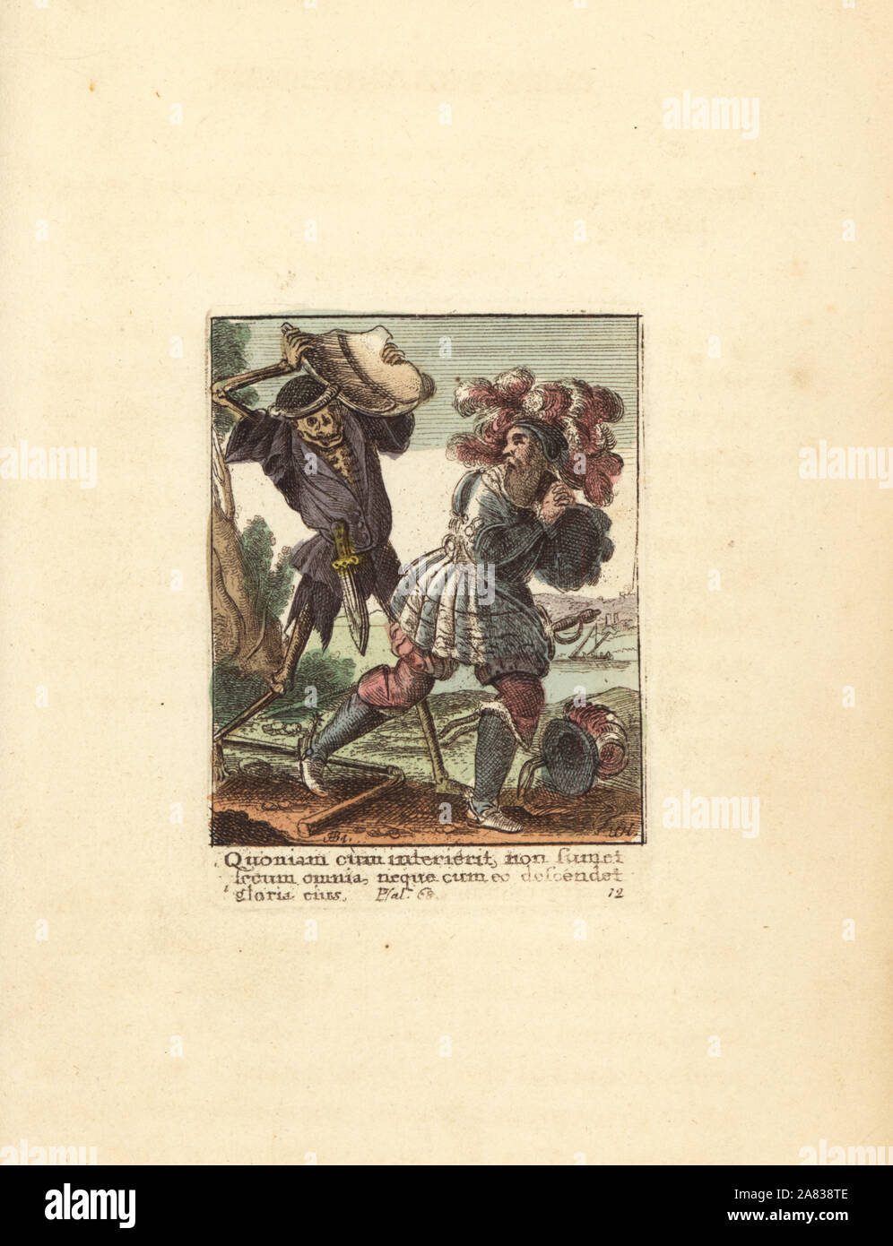 Skeleton of Death killing a Count with his own escutcheon. On the ground is his helmet and a flail, symbol of his oppressed vassals. Handcoloured copperplate engraving by Wenceslaus Hollar from The Dance of Death by Hans Holbein, Coxhead, London, 1816. Stock Photo
