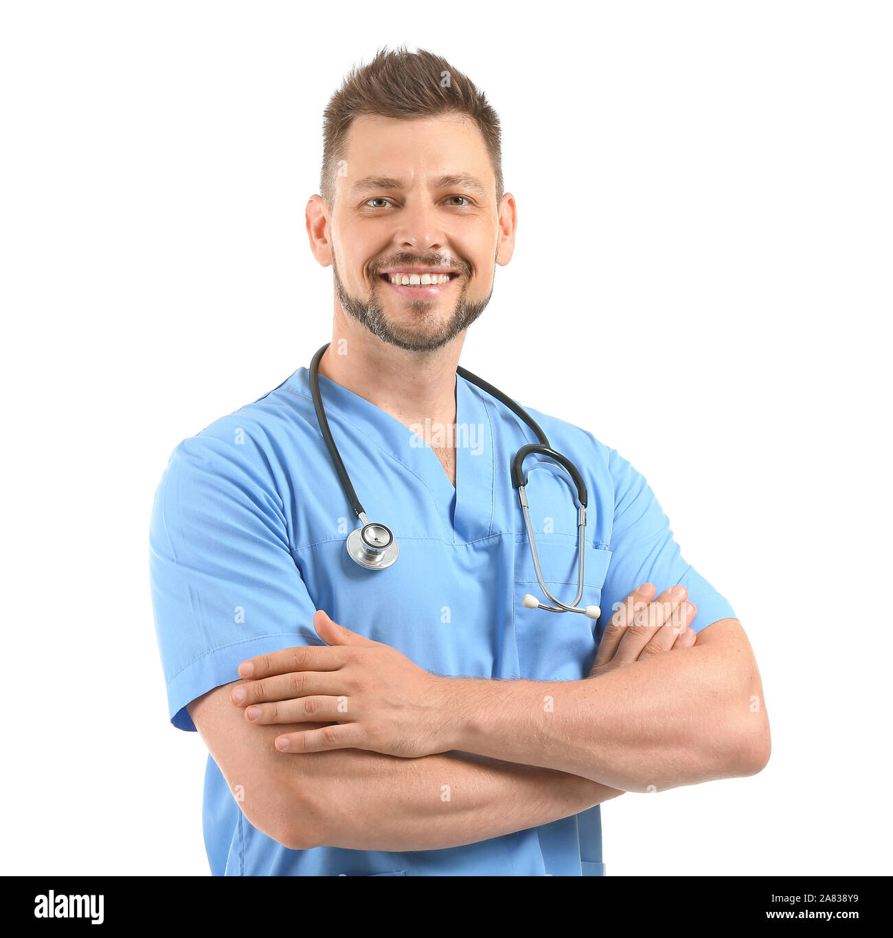 Male nurse with stethoscope on white background Stock Photo - Alamy