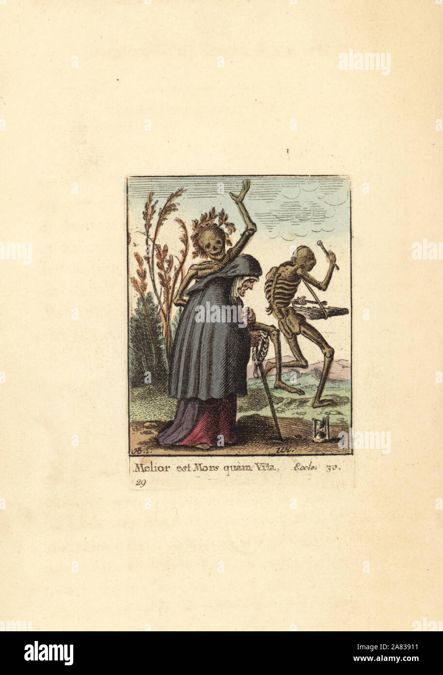 Two Skeletons of Death lead an Old Woman to her fate as she prays on her rosary. One has a wreath on its skull and beats her, and the other plays a dulcimer. Handcoloured copperplate engraving by Wenceslaus Hollar from The Dance of Death by Hans Holbein, Coxhead, London, 1816. Stock Photo