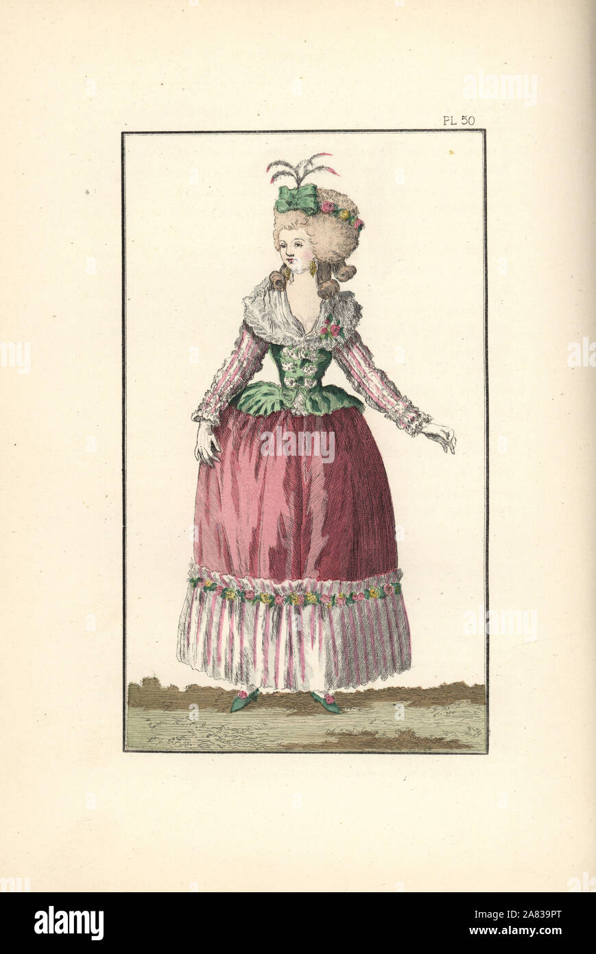 Woman dancing a minuet in apple-green caraco over a white gilet, white fichu-jabot, pink satin petticoat, and green slippers. Handcoloured lithograph from Fashions and Customs of Marie Antoinette and her Times, by Le Comte de Reiset, Paris, 1885. The journal of Madame Eloffe, dressmaker and linen-merchant to the Queen and ladies of the court. Stock Photo
