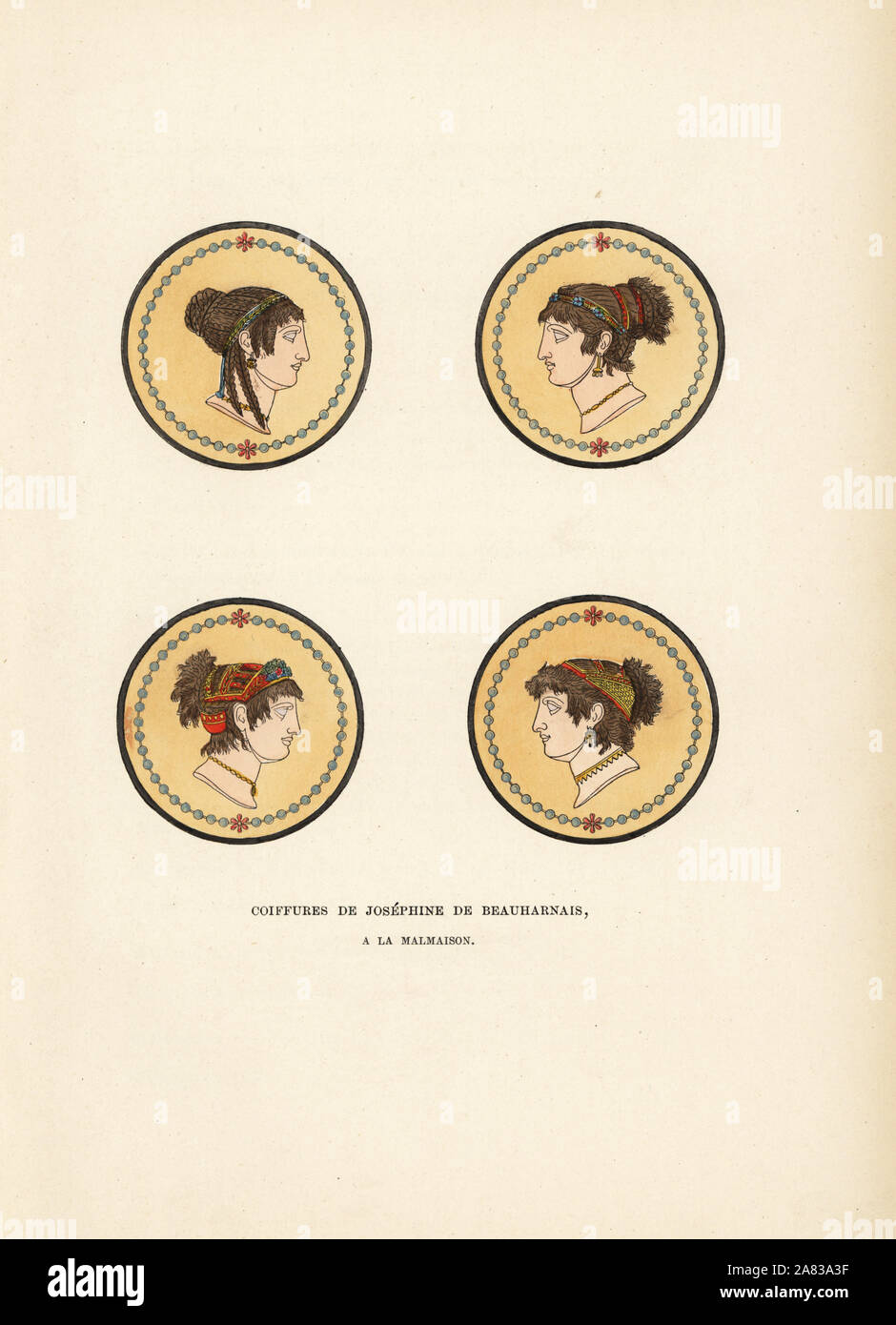 Hairstyles of Josephine de Beauharnais, 1788, later wife to Napoleon, from murals in the bathrooms at Malmaison in the Roman style. Handcoloured lithograph from Fashions and Customs of Marie Antoinette and her Times, by Le Comte de Reiset, Paris, 1885. The journal of Madame Eloffe, dressmaker and linen-merchant to the Queen and ladies of the court. Stock Photo