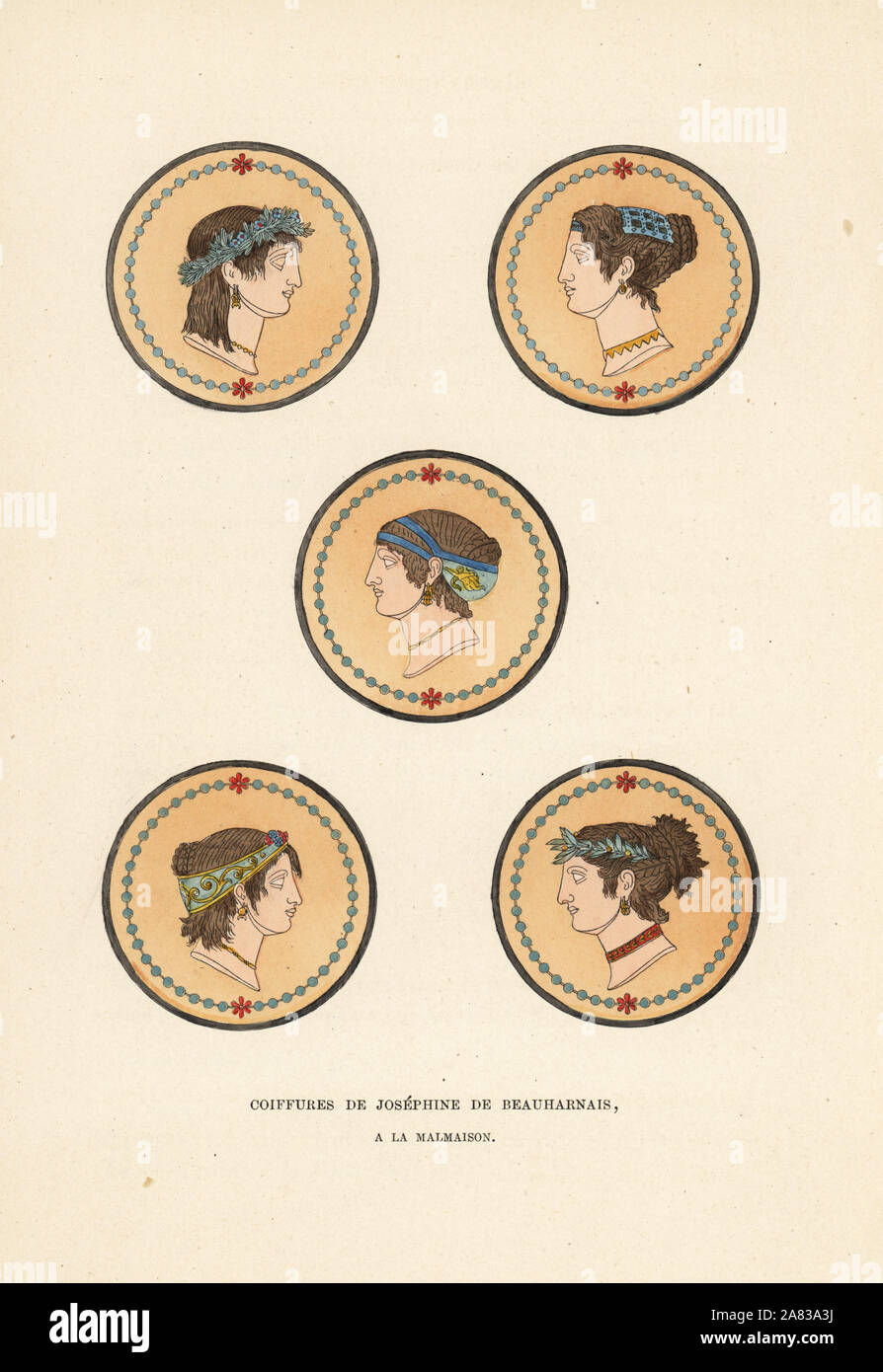 Hairstyles of Josephine de Beauharnais, 1788, later wife to Napoleon, from murals in the bathrooms at Malmaison in the Roman style. Handcoloured lithograph from Fashions and Customs of Marie Antoinette and her Times, by Le Comte de Reiset, Paris, 1885. The journal of Madame Eloffe, dressmaker and linen-merchant to the Queen and ladies of the court. Stock Photo