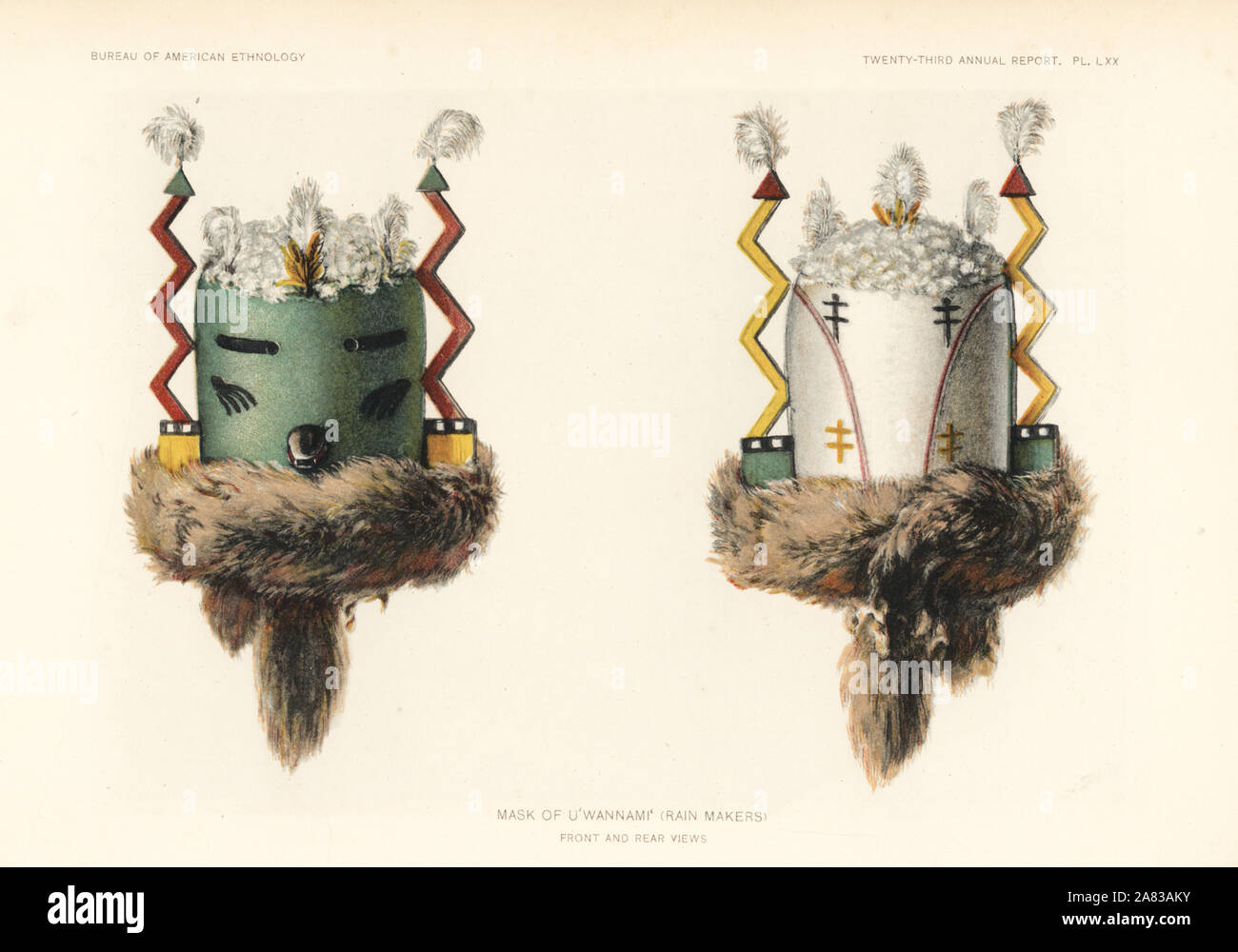 Mask of the U'wannami', Rain Makers, Zuni Nation. Chromolithograph by August Hoen from John Wesley Powell's 23rd Annual Report of the Bureau of American Ethnology, Washington, 1904. Stock Photo