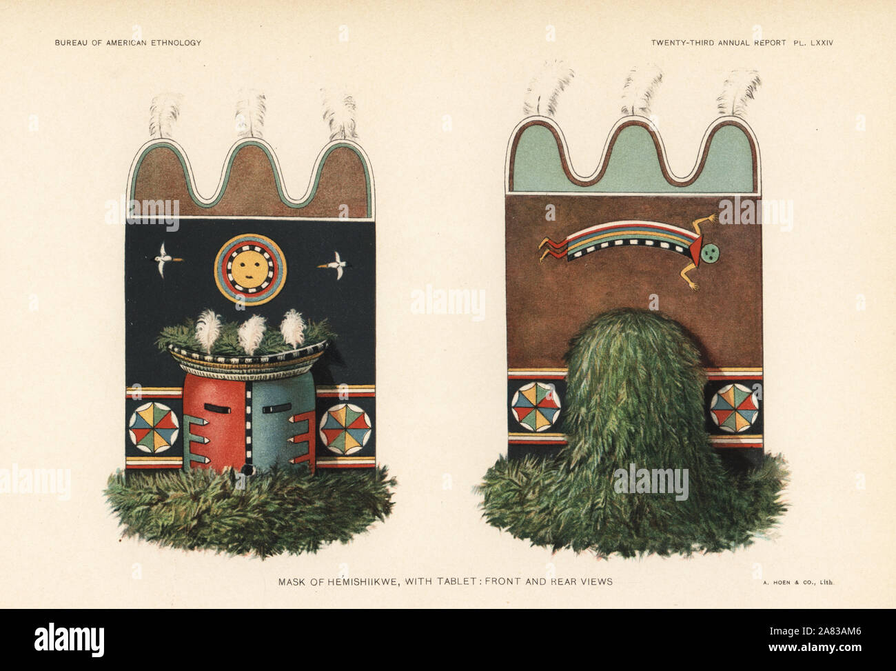 Mask of the He'mishiikwe with tablet, Zuni Nation. Chromolithograph by August Hoen from John Wesley Powell's 23rd Annual Report of the Bureau of American Ethnology, Washington, 1904. Stock Photo
