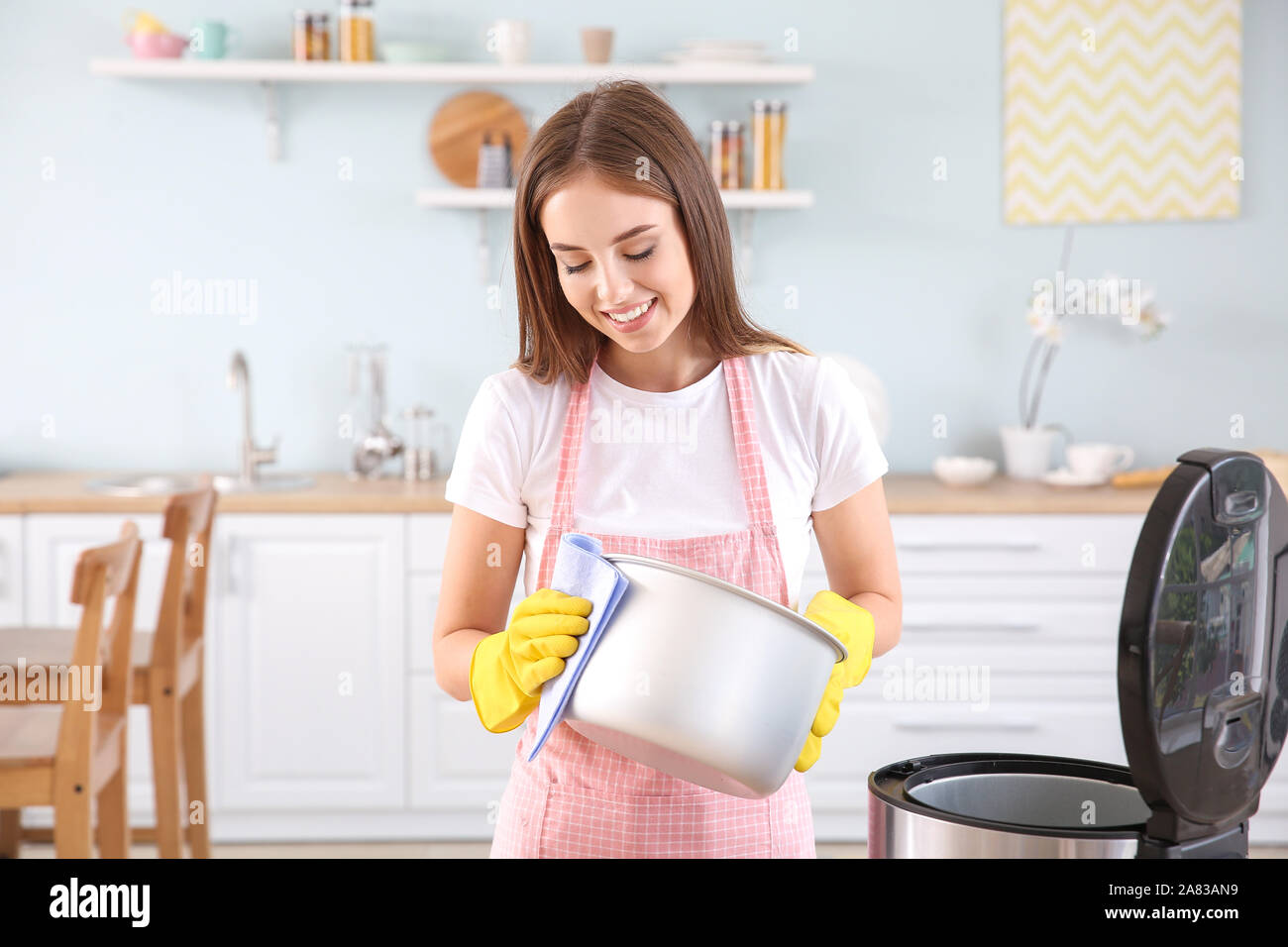 Woman cleaning modern multi cooker in kitchen Stock Photo - Alamy