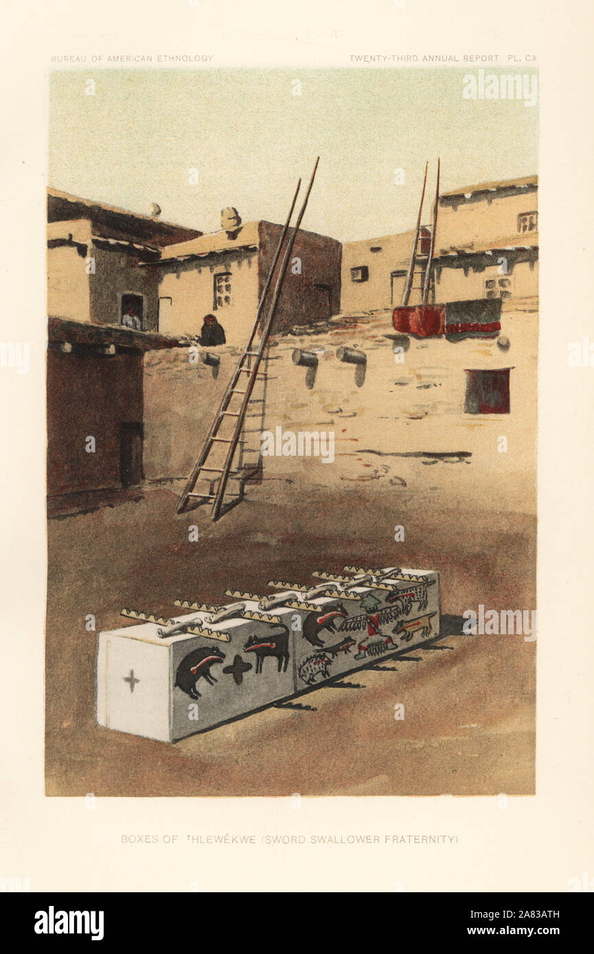 Boxes of the Thle'wekwe, Sword Swallower Fraternity, Zuni nation. Chromolithograph by August Hoen from John Wesley Powell's 23rd Annual Report of the Bureau of American Ethnology, Washington, 1904. Stock Photo