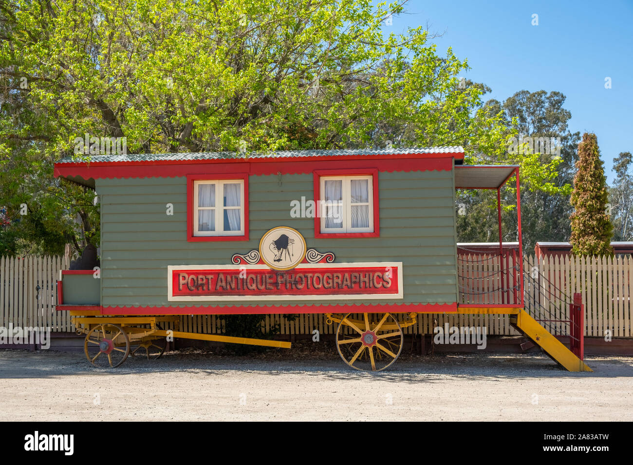 Echuca, Australia - October 3, 2019: Historic photographer train carriage parked on the Murray Esplanade Stock Photo