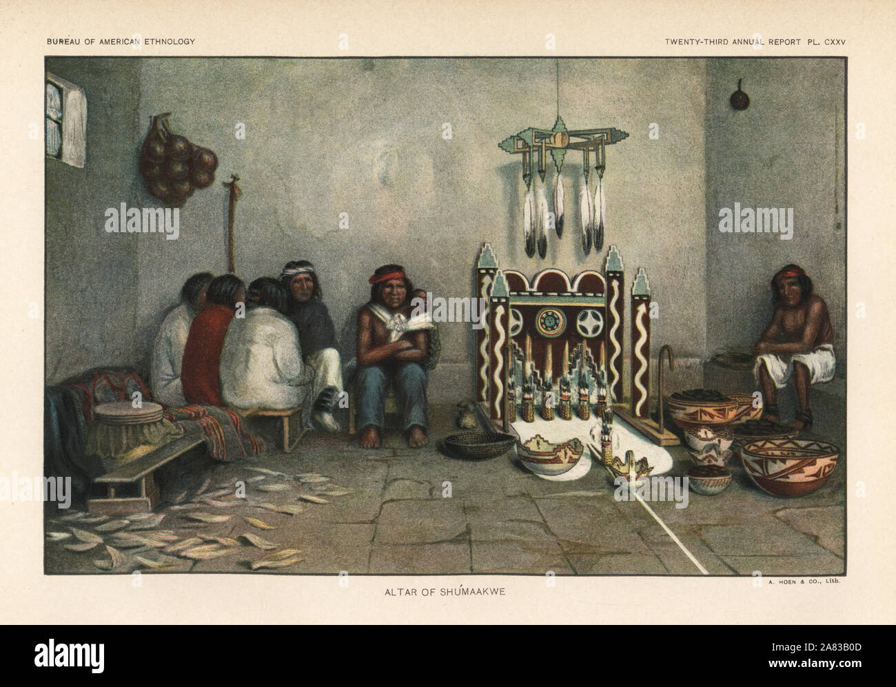 Altar of Shu'maakwe, Zuni nation. Chromolithograph by August Hoen from John Wesley Powell's 23rd Annual Report of the Bureau of American Ethnology, Washington, 1904. Stock Photo