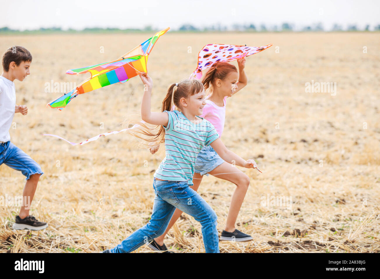 Little children flying kites outdoors Stock Photo - Alamy