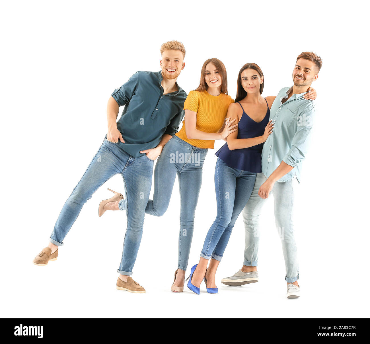 Group of young people in stylish casual clothes on white background ...