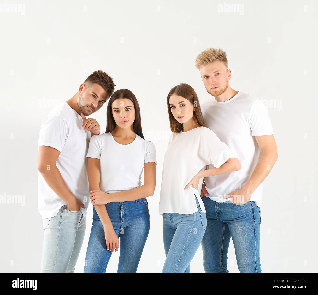 Group of young people in stylish casual clothes on white background ...