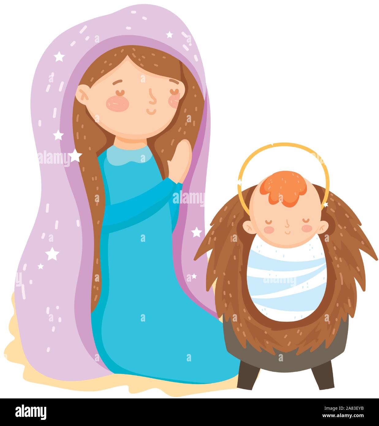 mary praying and baby jesus manger nativity, merry christmas vector