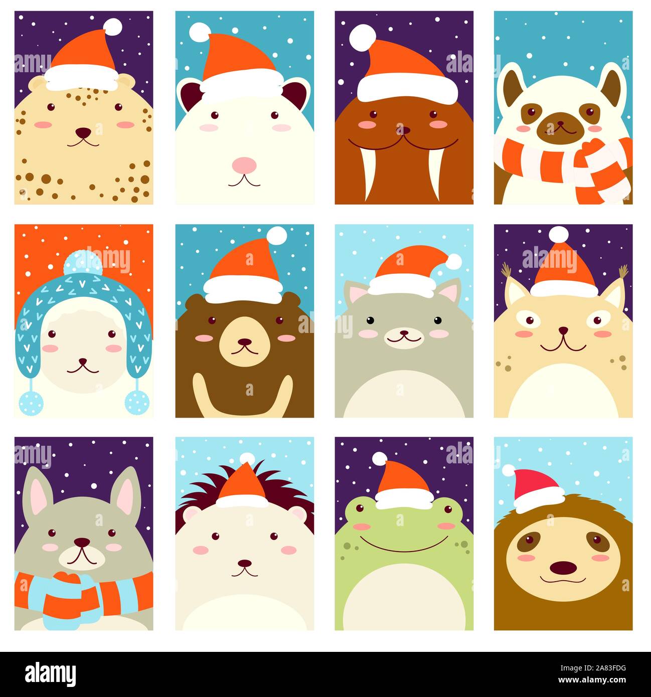 Set of Christmas vertical gift tag, card, badge, sticker with cute animals in Santa hat and scarf. Vector template card for greeting, decoration, cong Stock Vector