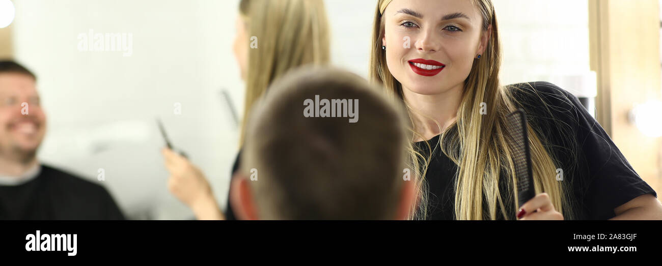 Female Hairdresser Making Hairdo for Man Client Stock Photo - Alamy