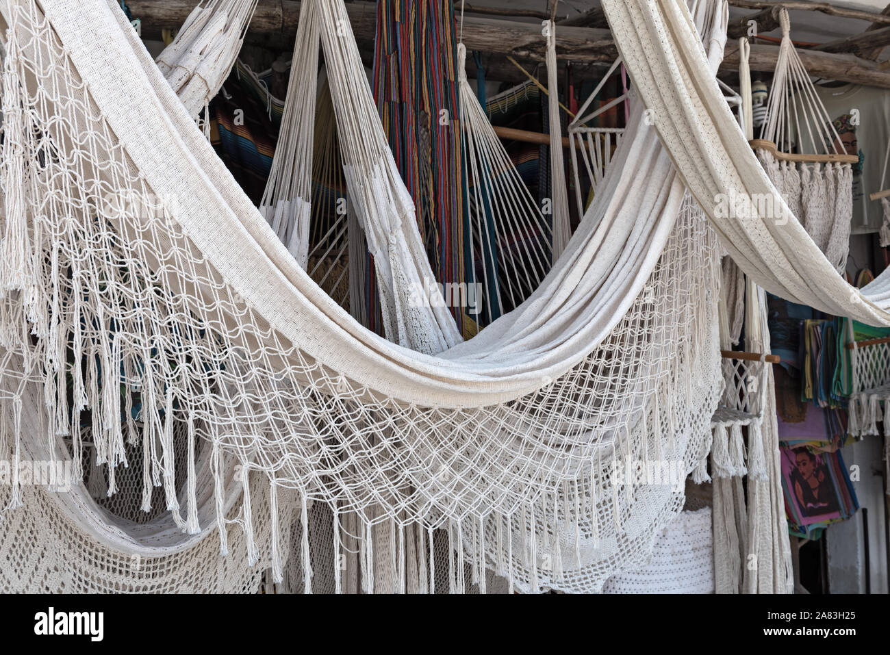 hammocks in a gift shop in the city center of tulum mexico Stock Photo