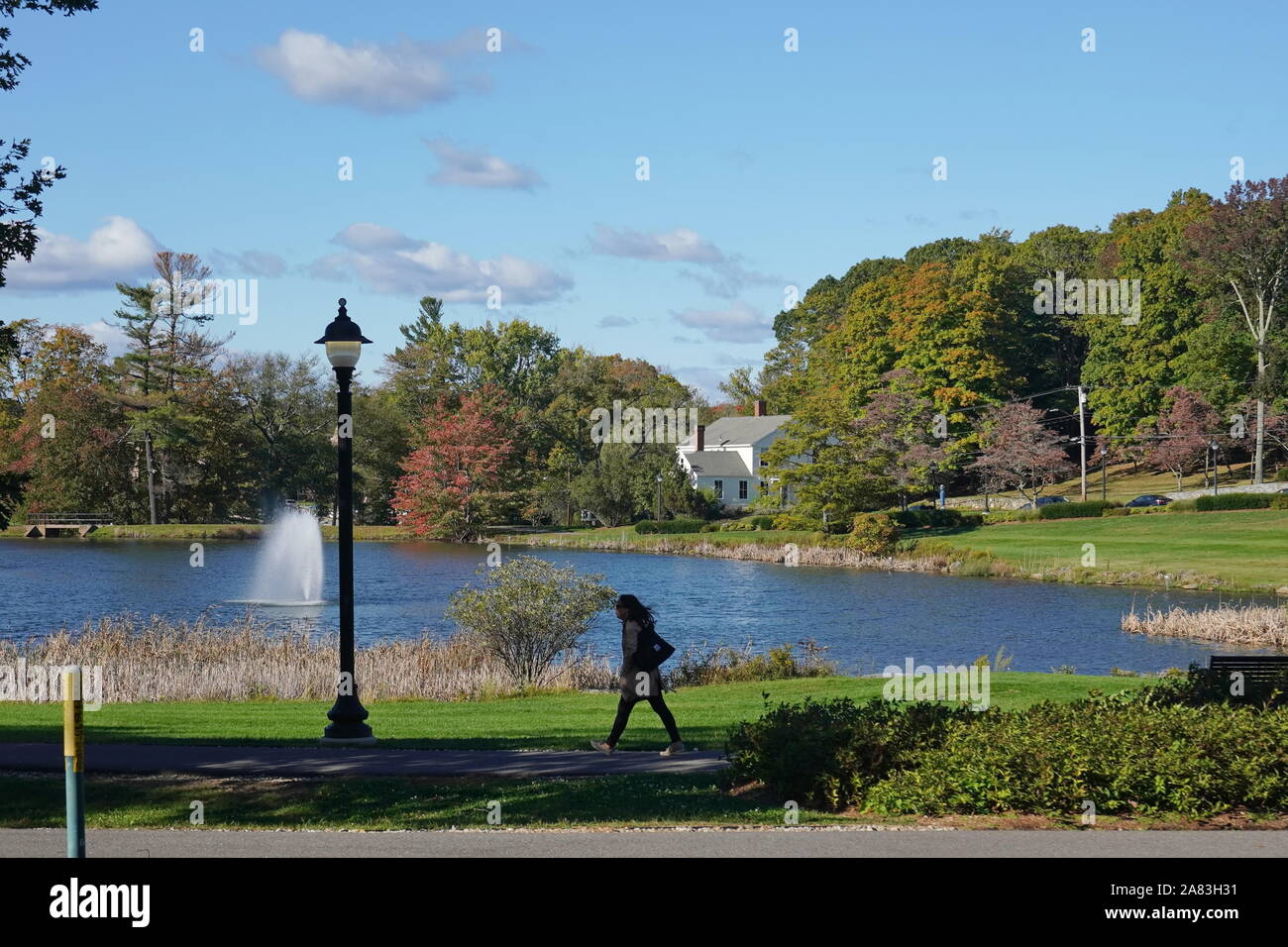 Storrs, CT / USA - October 4, 2019: Student walks on the sidewalk surrounding Mirror Lake on UCONN's campus Stock Photo