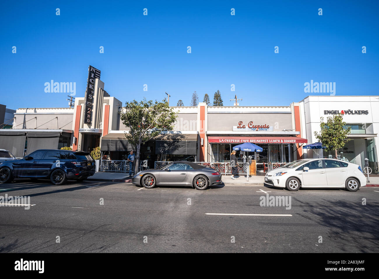 Restaurants and shops on Second Street in Long Beach, California Stock Photo