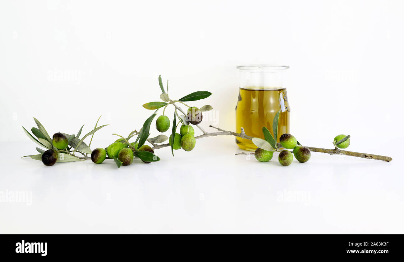 Glass bowl of fresh extra virgin olive oil and green olives with leaves ...