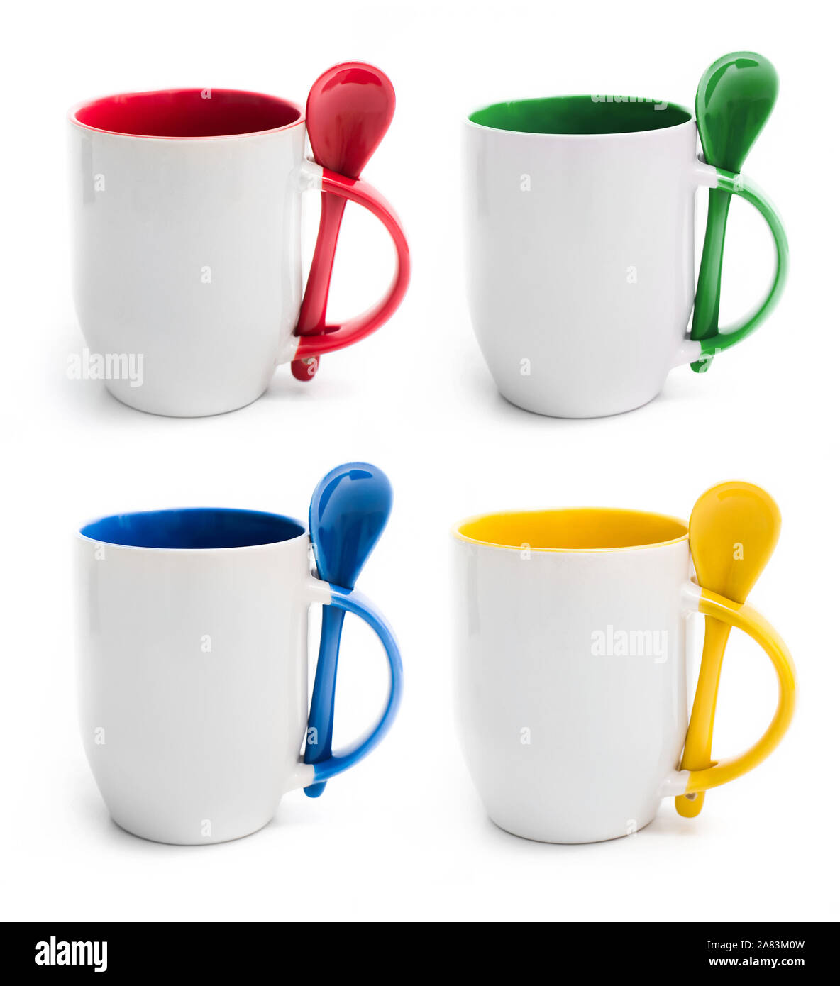 Set of colored cups with spoon isolated Stock Photo