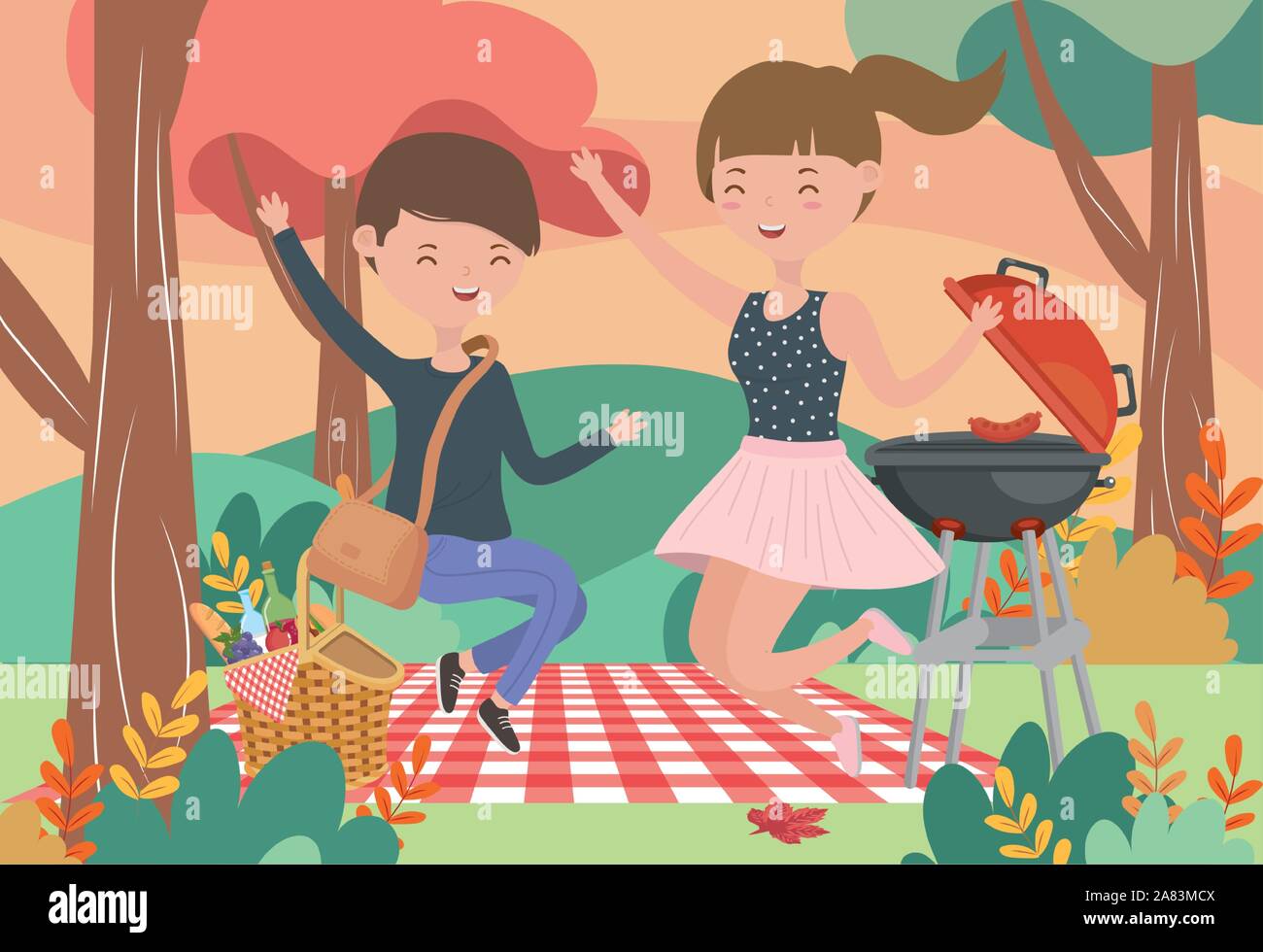 young man and woman grill food basket picnic nature landscape vector ...
