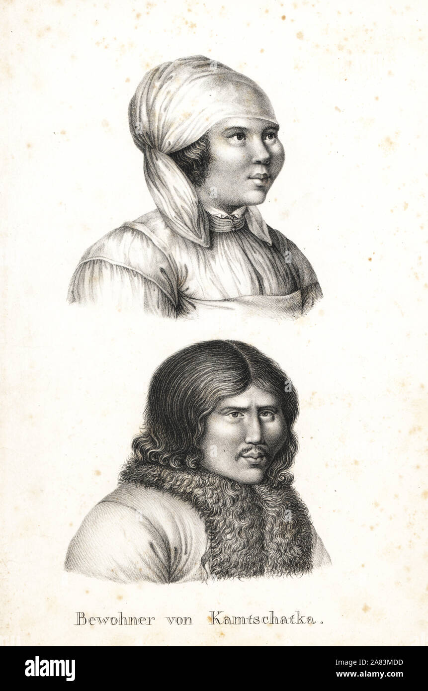 Itelmen woman in headscarf, and Itelmen man in furlined coat. Native of the Kamchatka peninsula. Lithograph by Karl Joseph Brodtmann from Heinrich Rudolf Schinz's Illustrated Natural History of Men and Animals, 1836. Stock Photo