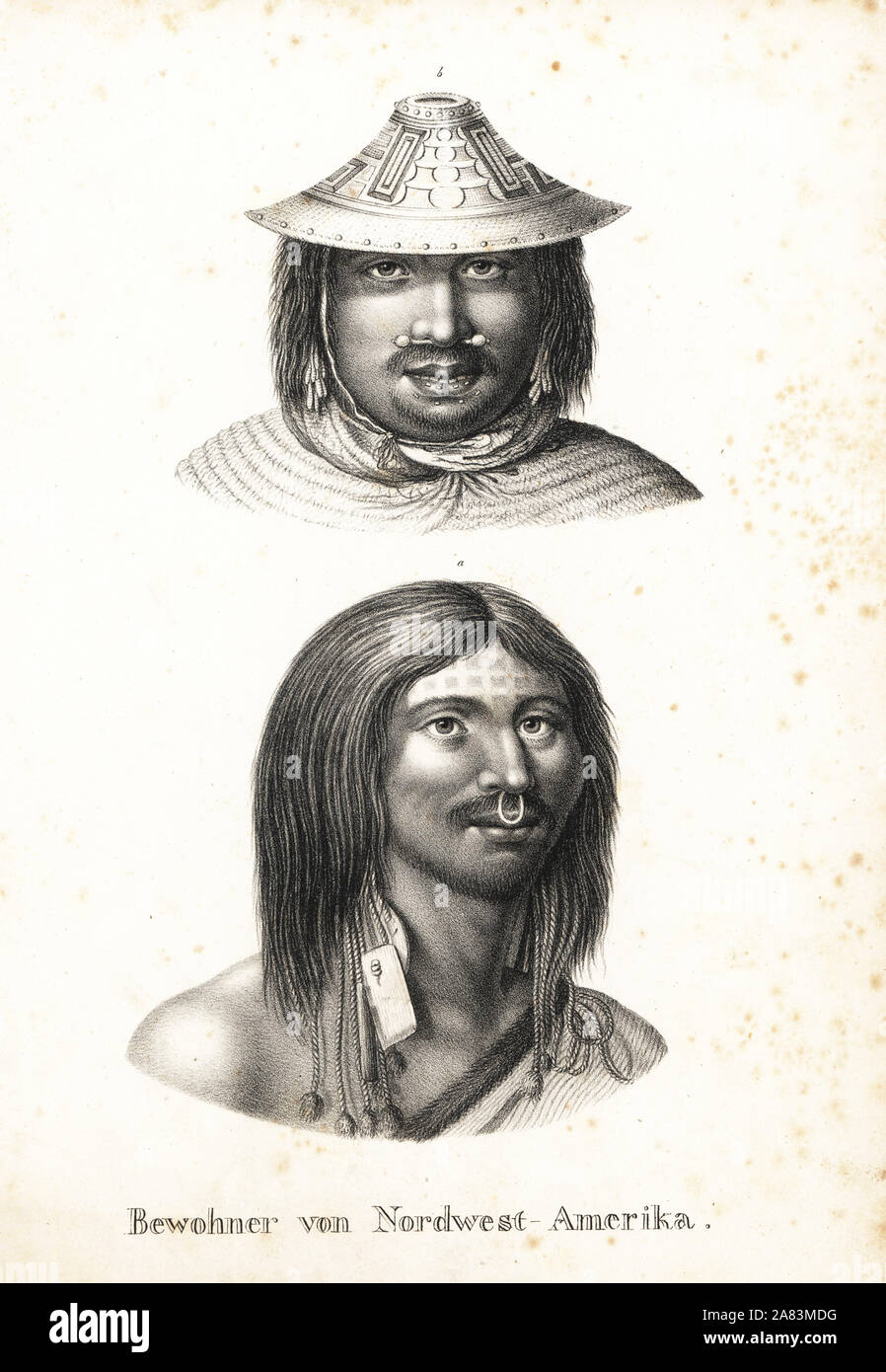 Chugach man of Prince William's Sound in conical decorated hat, nose ornament, and labrets of walrus ivory in his lower lip. Nootka man with tattooed brow and nose ring (both from Captain Cook's Voyages). Lithograph by Karl Joseph Brodtmann from Heinrich Rudolf Schinz's Illustrated Natural History of Men and Animals, 1836. Stock Photo