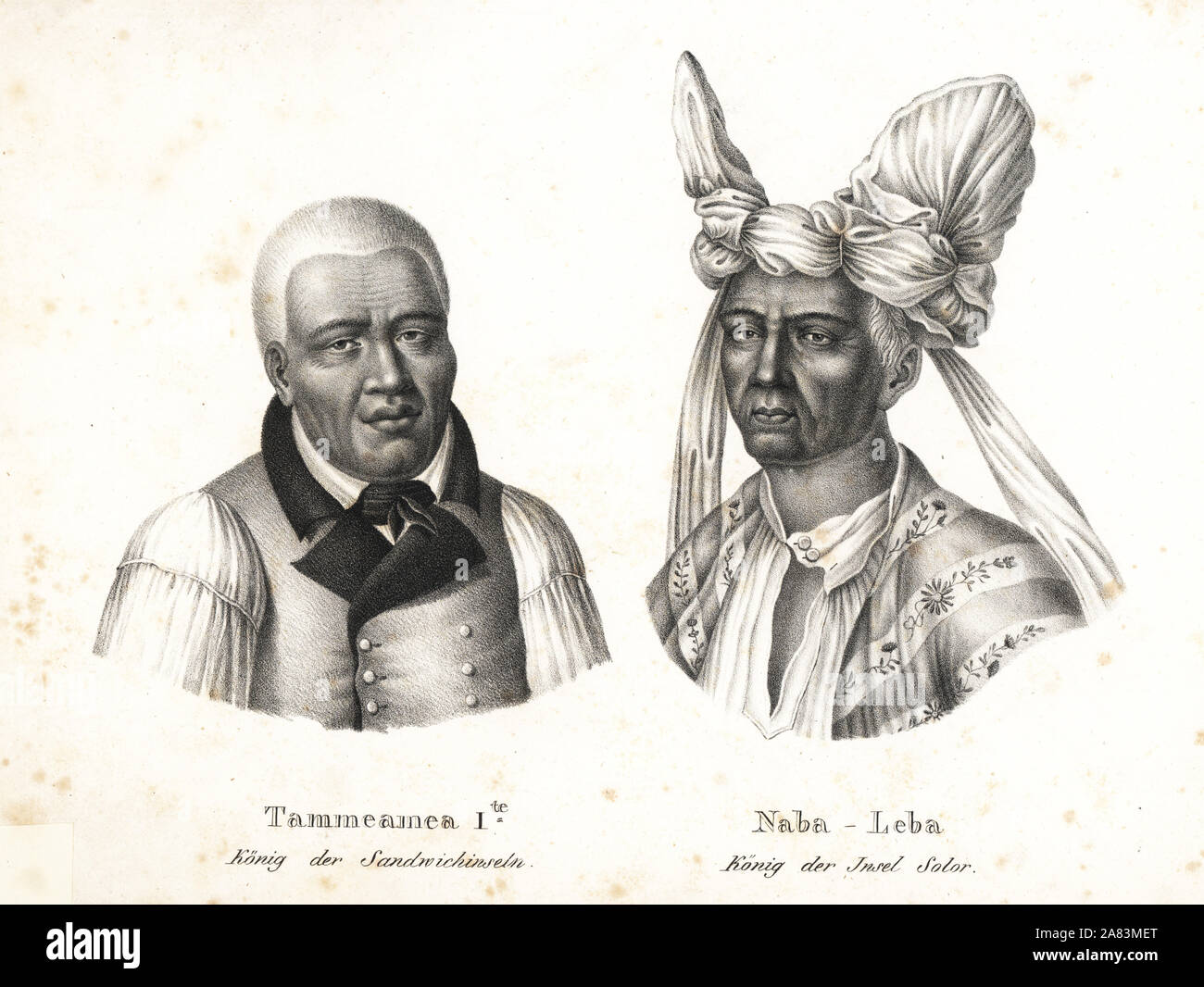 Kamehameha I, King of Hawaii (as Tammeamea I, King of the Sandwich Islands), and Naba Leba, Queen of Solor (Indonesia). Lithograph by Karl Joseph Brodtmann from Heinrich Rudolf Schinz's Illustrated Natural History of Men and Animals, 1836. Stock Photo