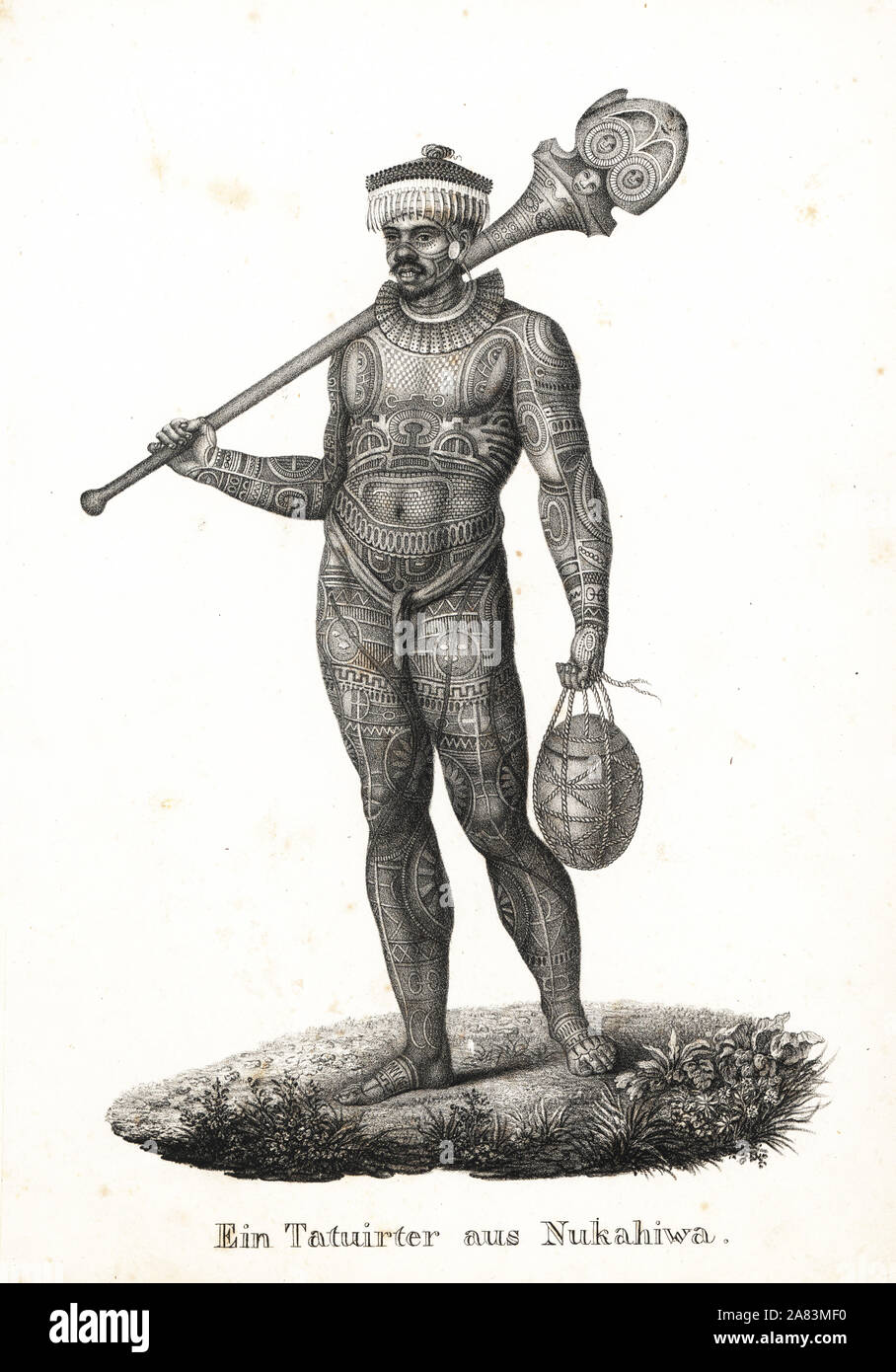 Tattooed warrior of Nuka Hiva, Marquesas Islands (Nukahiwa). In headdress and loincloth, full body tattoos, holding a large mace. Copied from Wilhelm Gottlieb Tilesius von Tilenau. Lithograph by Karl Joseph Brodtmann from Heinrich Rudolf Schinz's Illustrated Natural History of Men and Animals, 1836. Stock Photo