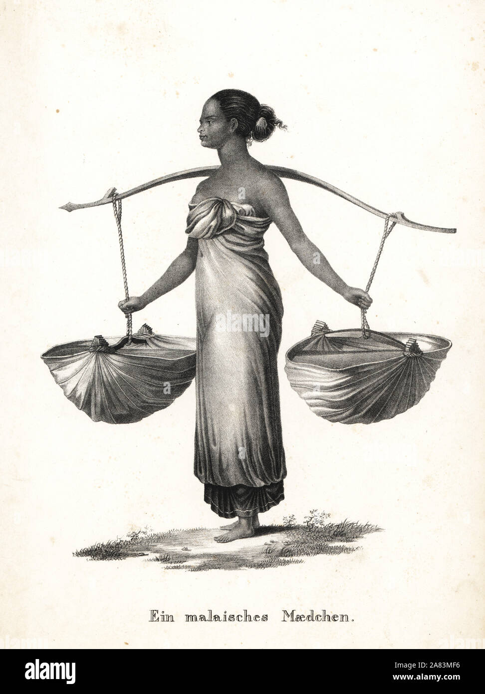 Malay girl with hair tied up carrying baskets from a yoke. Lithograph by Karl Joseph Brodtmann from Heinrich Rudolf Schinz's Illustrated Natural History of Men and Animals, 1836. Stock Photo