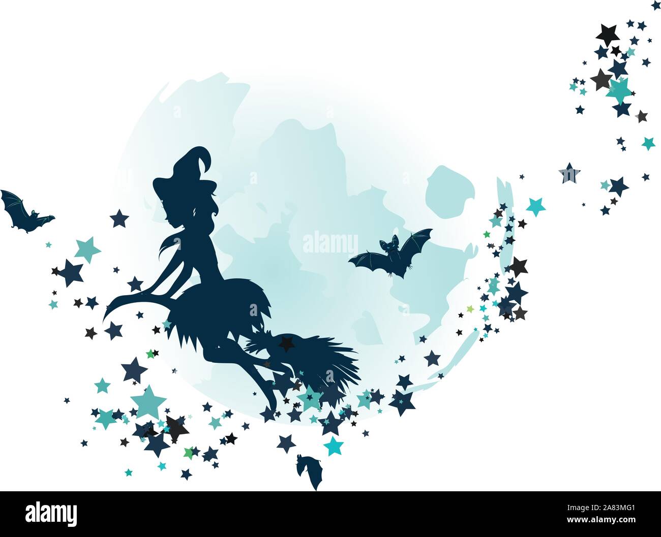 Halloween flying witch on a broomstick over big full moon and stars ...