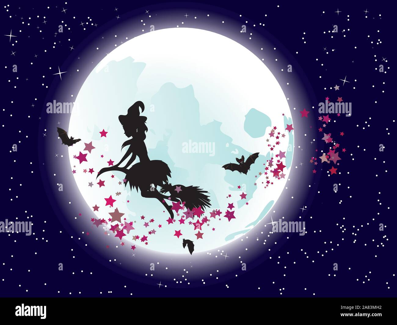 Halloween flying witch on a broomstick over big full moon and stars ...