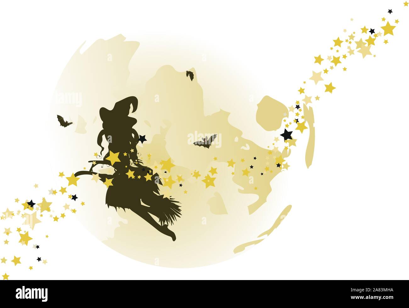 Halloween flying witch on a broomstick over big full moon and stars ...