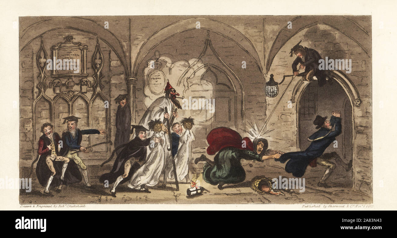 Westminster School boys spook a nightwatchman and an old woman in a cellar. Westminster Frolics. Handcoloured copperplate drawn and engraved by Robert Cruikshank from The English Spy, London, 1825. Written by Bernard Blackmantle, a pseudonym for Charles Molloy Westmacott. Stock Photo