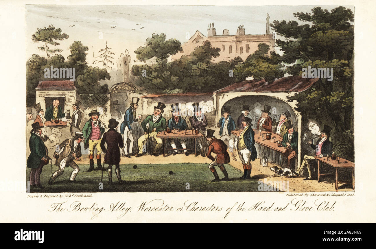 Regency gentlemen in top hats playing bowls on a bowling green. The Bowling Alley, Worcester, or Characters of the Hand and Glove Club. Handcoloured copperplate drawn and engraved by Robert Cruikshank from The English Spy, London, 1825. Written by Bernard Blackmantle, a pseudonym for Charles Molloy Westmacott. Stock Photo