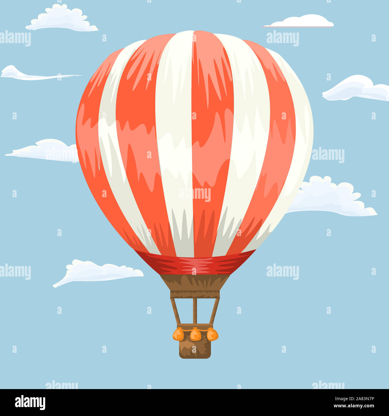 Hot air balloon flying in the sky. Cartoon and hand drawn style flat and solid color. Illustration and rasterized copy. Stock Photo