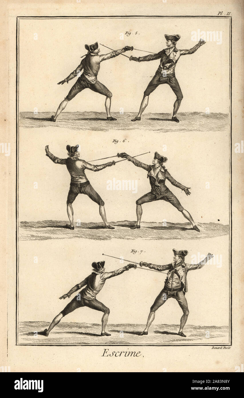 Fencers in outside guard/thrust positions, tierce and carte positions, tierce and seconde  positions. Copperplate engraving by Robert Benard from the Escrime fencing section of Denis Diderot's Encyclopedia, Pellet, Geneva, 1779. Stock Photo