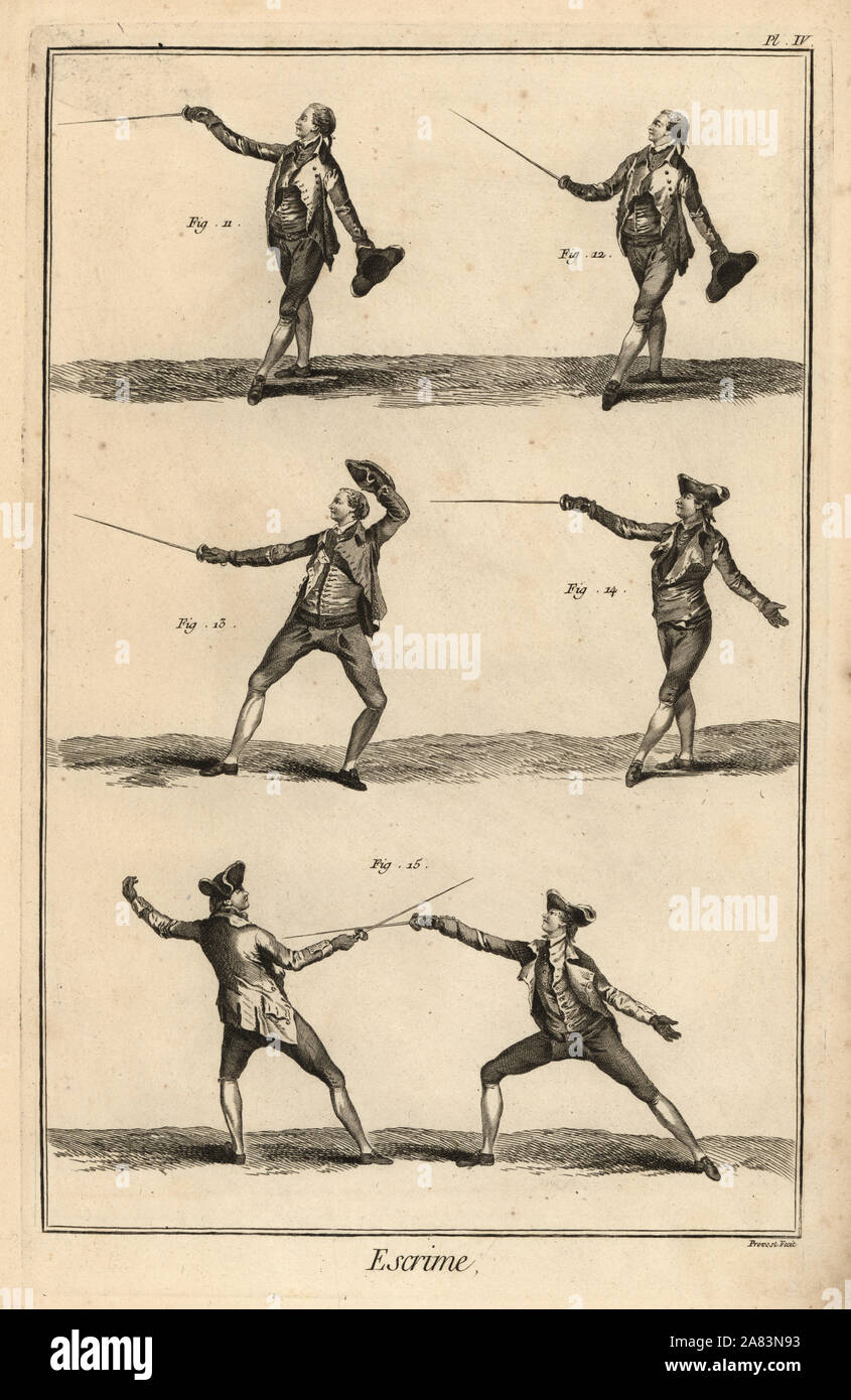 Second, third, fourth and fifth positions of the salute, and inside parade. Copperplate engraving by Robert Benard from the Escrime fencing section of Denis Diderot's Encyclopedia, Pellet, Geneva, 1779. Stock Photo