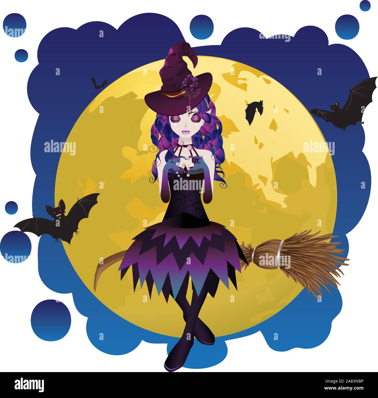 Halloween witch flying on a broomstick over yellow full moon Stock ...
