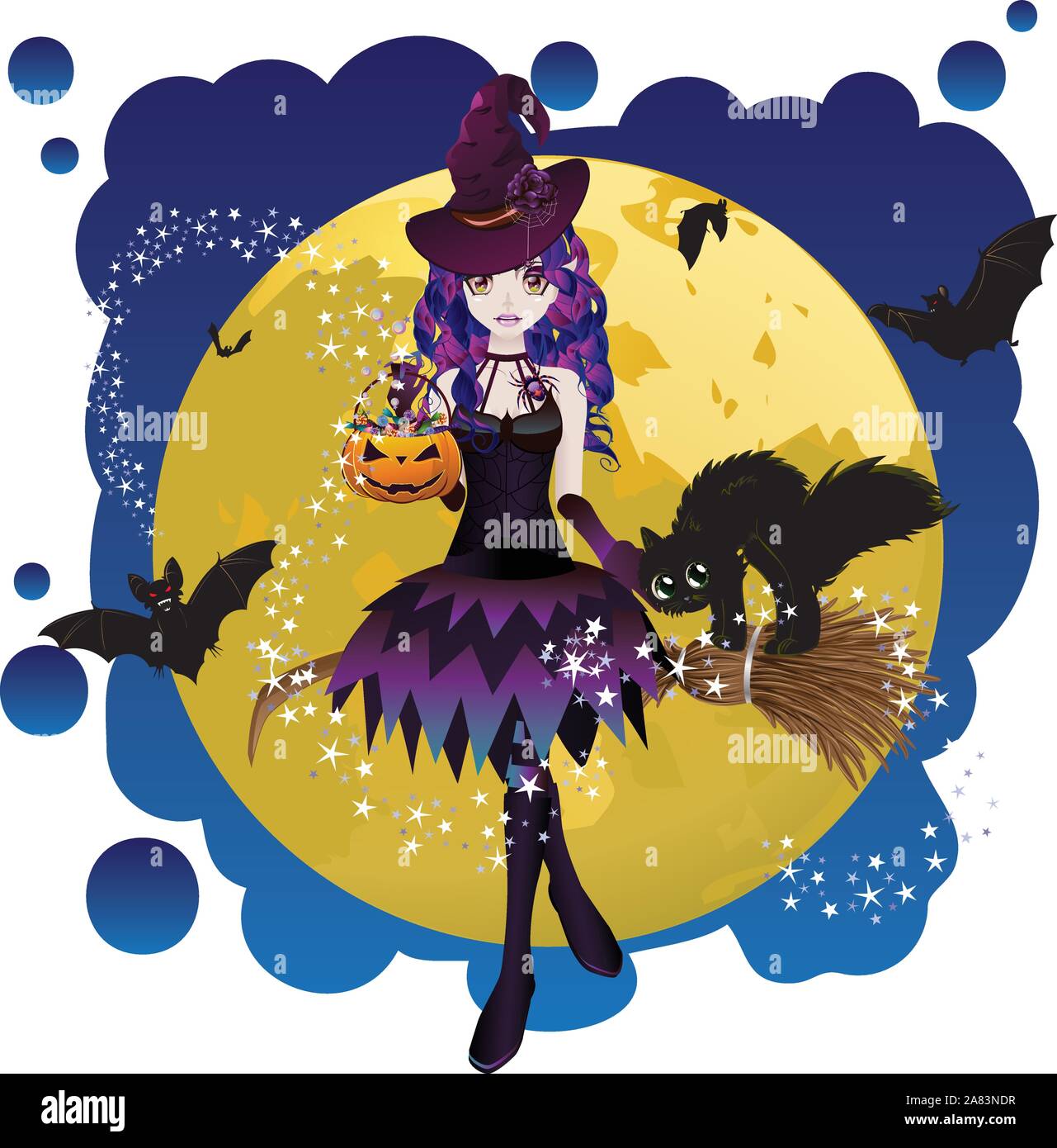 Halloween witch flying on a broomstick over yellow full moon Stock ...