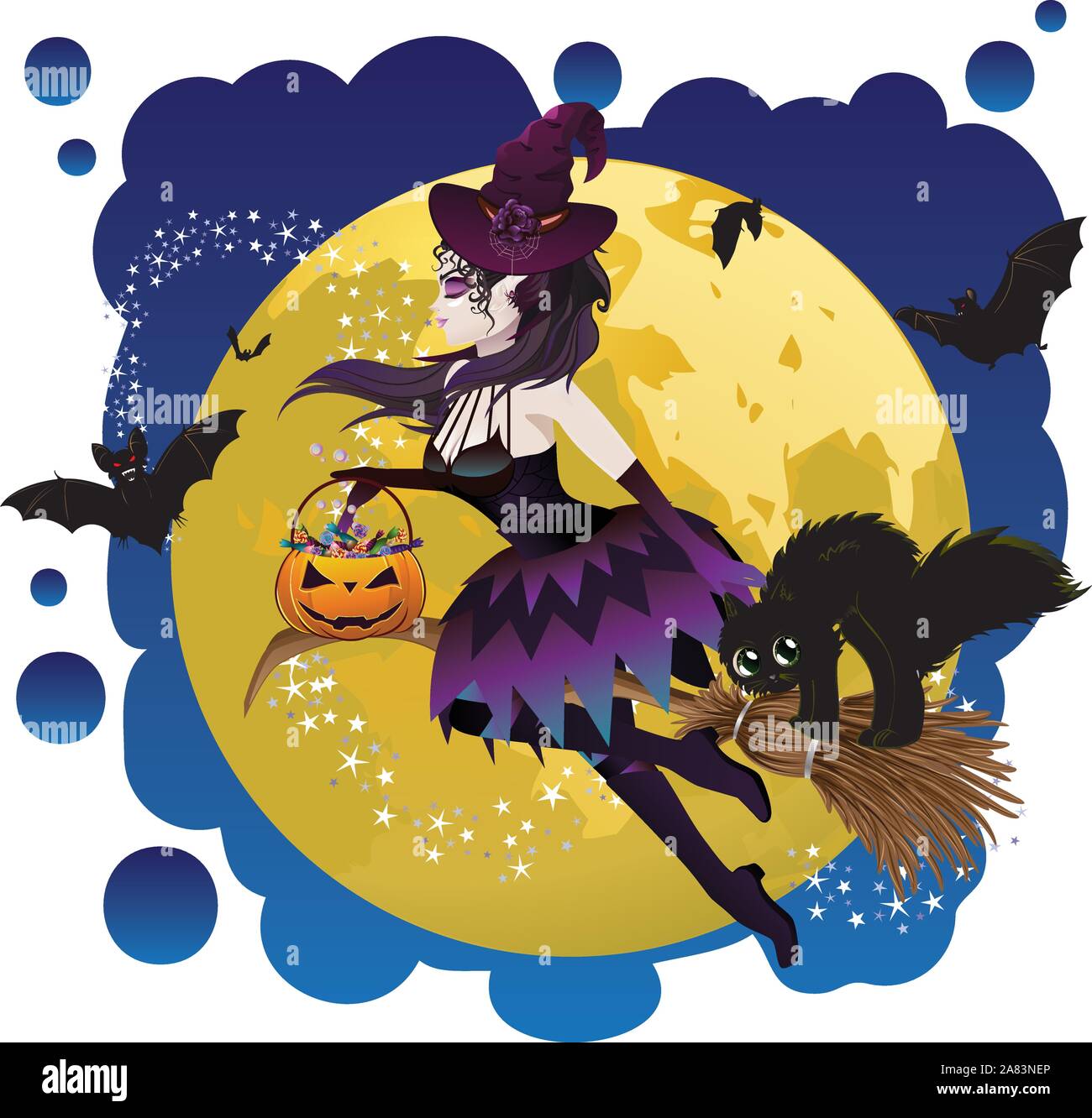 Halloween witch flying on a broomstick over yellow full moon Stock ...