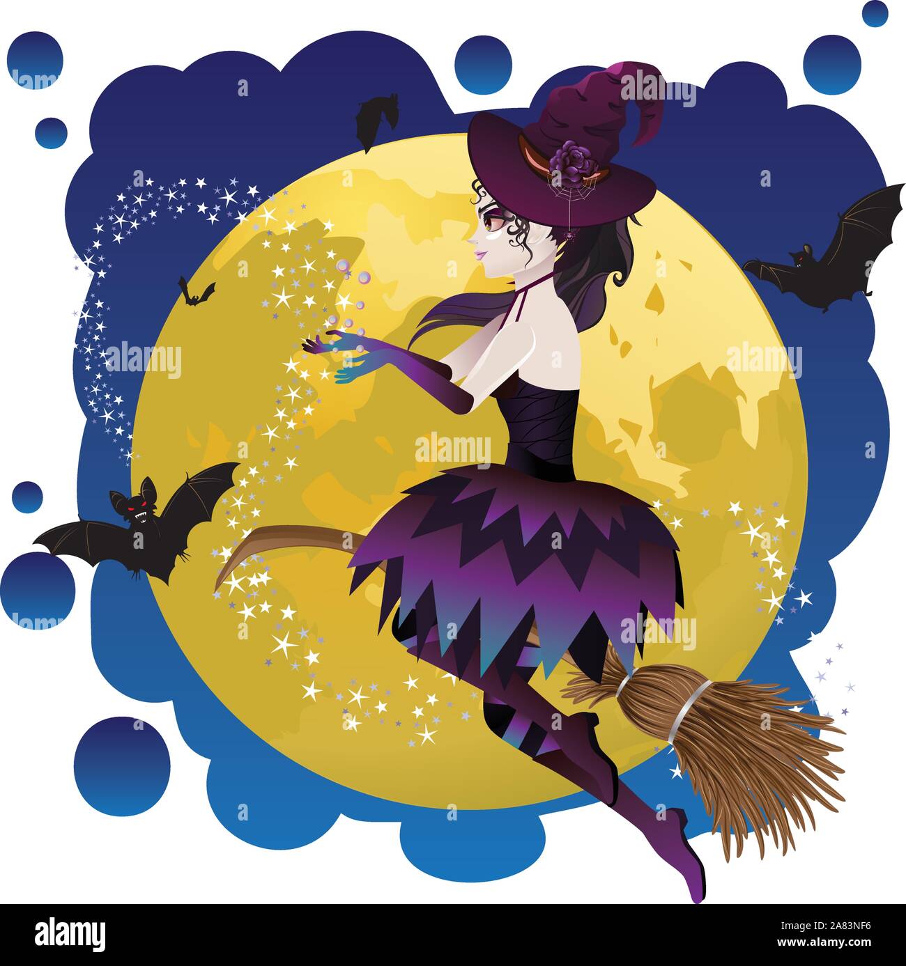 Halloween witch flying on a broomstick over yellow full moon Stock ...